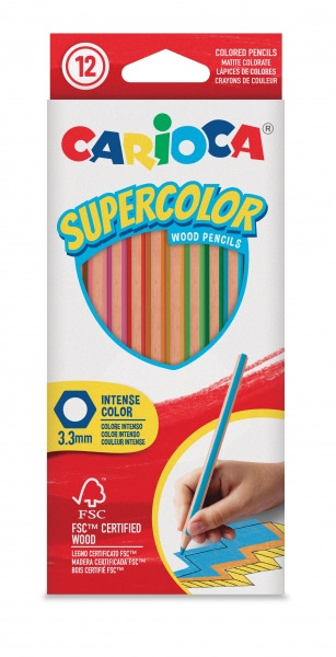 Carioca Supercolor Pack de 12 Lapices de Colores - Cuerpo de Madera Hexagonal - Colores Intensos y Gran Opacidad - Mina de 3.3mm