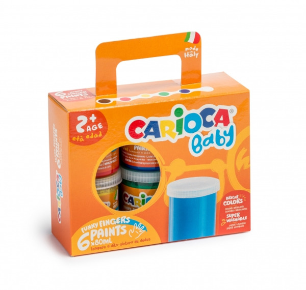 Carioca Tempera Baby Pack de 6 Botes de Pintura de Dedos 2+ - Lavable - Atoxica - sin Olor - Maxima Creatividad y Diversion - Co