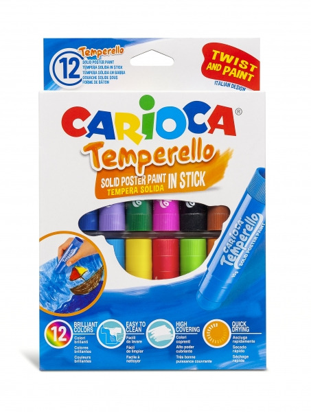 Carioca Temperello Pack de 12 Temperas Solidas - Colores Brillantes y Lavables - Gran Cobertura - Faciles de Mezclar - sin Disol