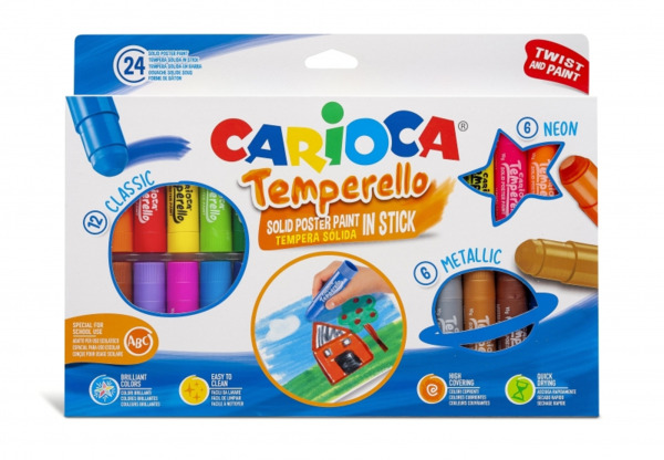 Carioca Temperello Pack de 24 Temperas Solidas - Colores Brillantes y Lavables - Gran Cobertura - Faciles de Mezclar - sin Disol