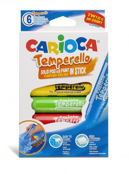 Carioca Temperello Pack de 6 Temperas Solidas - Colores Brillantes y Lavables - Gran Cobertura - Faciles de Mezclar - Acabado Sa