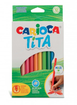 Carioca Tita Maxi Pack de 12 Lapices de Resina - Colores Brillantes y Lavables - Escritura Blanda - Mina Ø 4mm Segura y Resistente - No Se Astilla si Se Rompe - Color Varios