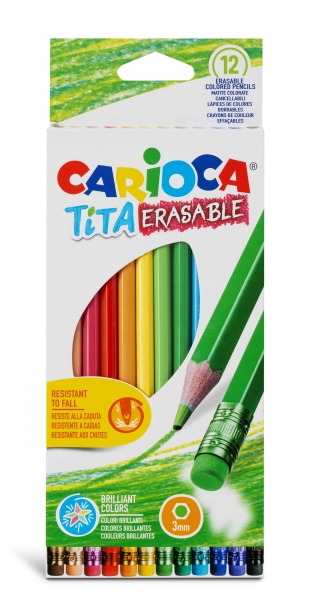 Carioca Tita Pack de 12 Lapices Borrables de Resina - Cuerpo Hexagonal - Colores Brillantes y Lavables - Escritura Blanda - Mina