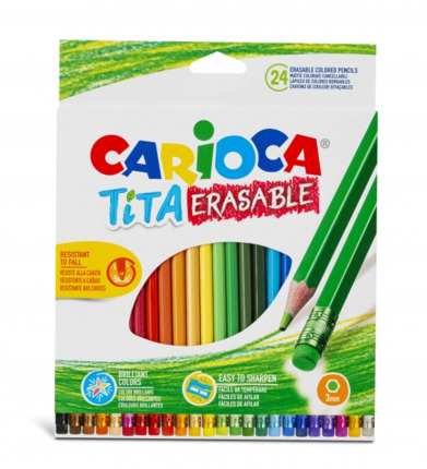 Carioca Tita Pack de 24 Lapices Borrables de Resina - Cuerpo Hexagonal - Colores Brillantes y Lavables - Escritura Blanda - Mina Ã 3mm - Color Varios