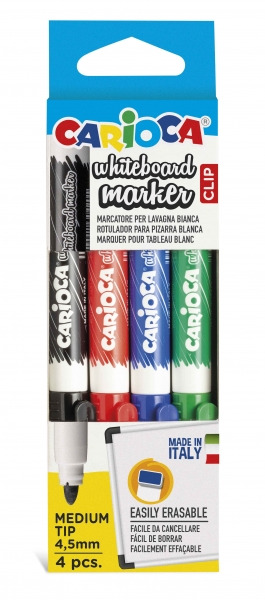 Carioca Whiteboard Clip Pack de 4 Rotuladores Borrables para Pizarras Blancas - Punta Media - Punta de Ã 4.5mm - Tapa con Clip