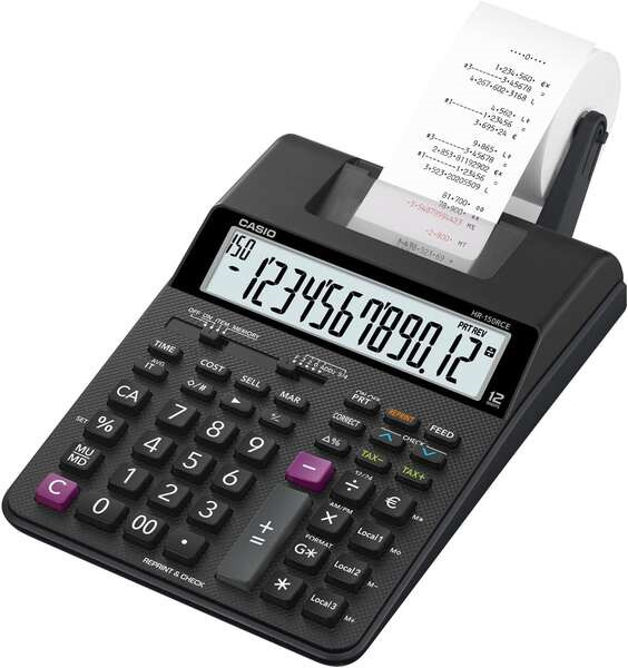 Casio HR150RCE Calculadora Impresora de Sobremesa - Pantalla de 12 Digitos - Anchura del Papel 58mm - Imprime Hora y Fecha - Ali