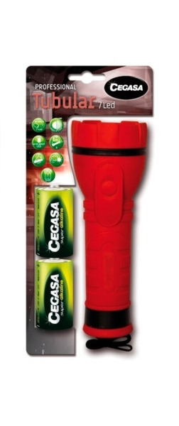 Cegasa Profesional Linterna de 7 LED - Cuerpo de Goma Antideslizante - Resistente a Golpes y Humedad - Funciona con 2 Pilas LR20
