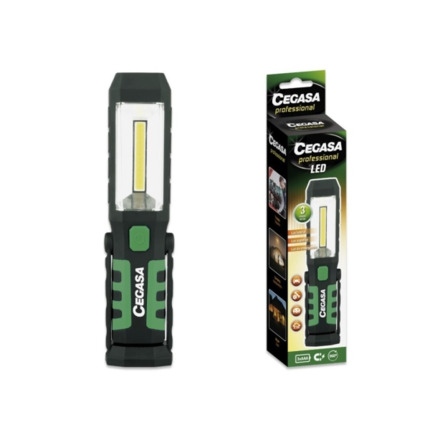 Cegasa Profesional Linterna Magnetica LED - COB Lateral, LED Superior y Luz de Emergencia - Gancho Ajustable 360Âº  - Funciona con 2 Pilas AAA (No Incluidas) - Color Negro/Verde