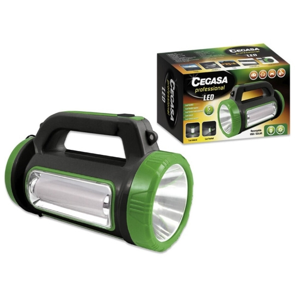 Cegasa Profesional Linterna Multifuncion LED - 5 Modos de Iluminacion - Bateria de 1800mAh - Alimentacion Solar y por USB - Colo