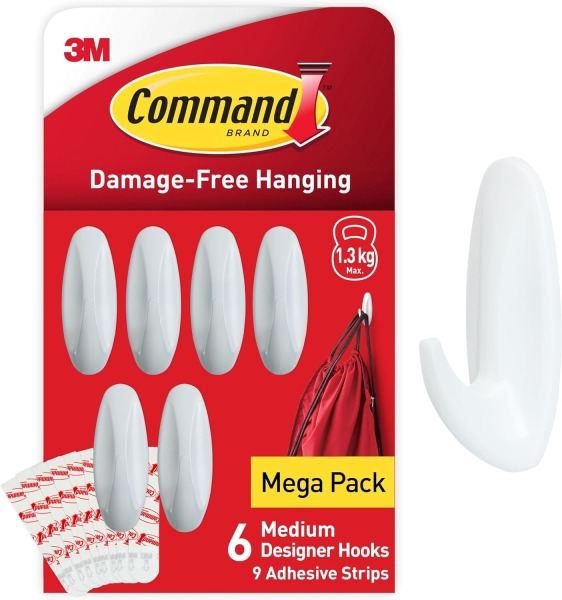 Command Pack de 6 Ganchos de DiseÃ±o Medianos - 9 Tiras Adhesivas - Soportan hasta 1.3kg - Color Blanco