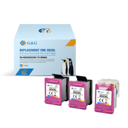 Compatible G&G HP 302XL color Pack de 3 Cartuchos de Tinta Remanufacturados - Eco Saver - Muestra nivel de tinta - Reemplaza F6U67AE/F6U65AE