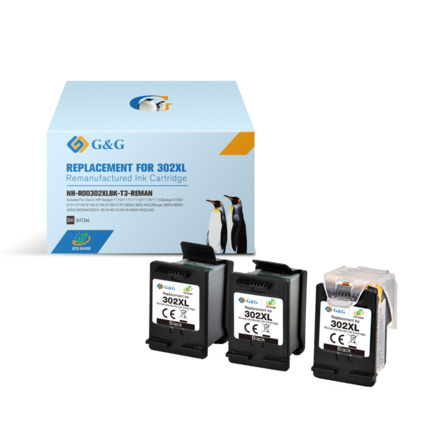 Compatible G&G HP 302XL negro Pack de 3 Cartuchos de Tinta Remanufacturados - Eco Saver - Muestra nivel de tinta - Reemplaza F6U68AE/F6U66AE