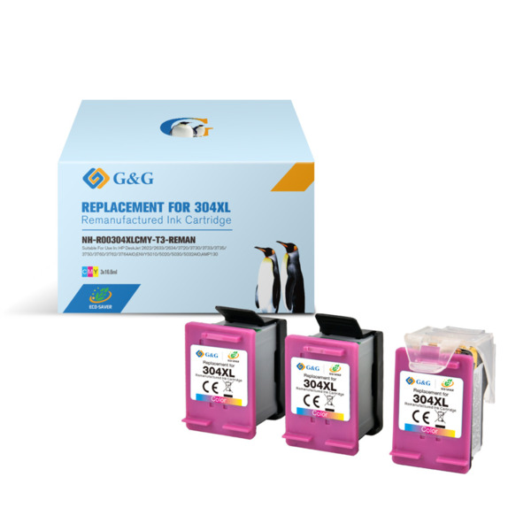 Compatible G&G HP 304XL Color Pack de 3 Cartuchos de Tinta Remanufacturados - Eco Saver - Muestra Nivel de Tinta - Reemplaza N9K