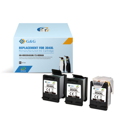 Compatible G&G HP 304XL negro Pack de 3 Cartuchos de Tinta Remanufacturados - Eco Saver - Muestra nivel de tinta - Reemplaza N9K08AE/N9K06AE