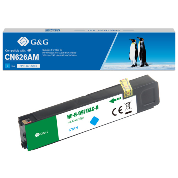 Compatible G&G HP 971XL Cyan Cartucho de Tinta Pigmentada Generico - Reemplaza CN626AE/CN622AE