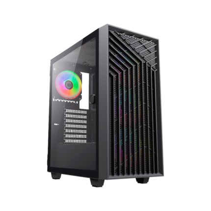 Coolbox GA300 GridLine Caja Torre ATX, Micro ATX, Mini-ITX - Lateral Cristal Templado - TamaÃ±o HDD 2.5", 3.5" - USB-A 3.0, USB-C y Audio - 3 Ventiladores ARGB 120mm - Soporta Refrigeracion Liquida - Color Negro