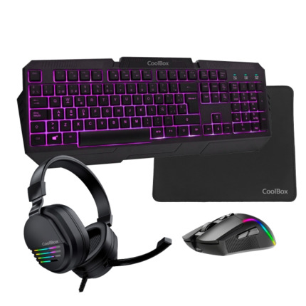 Coolbox Gaming XWing2 Pack Gaming Teclado USB + Raton USB 7200dpi + Auriculares Jack 3.5mm + Alfombrilla - Iluminacion LED en 3 colores - Color Negro
