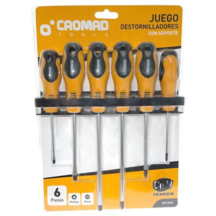 Cromad Juego de 6 Destornilladores - 3x Punta Plana y 3x Punta Phillips -  Mango Ergonomico
