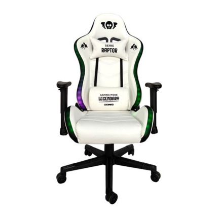 Cromad Serie Raptor Legendary Silla Gaming - Altura Regulable con Piston de Gas Clase 2 - Reclinable hasta 180Âº - Cojines Lumbar y Cervical - Ruedas de Nailon de 60mm - IluminaciÃ³n RGB - Color Blanco