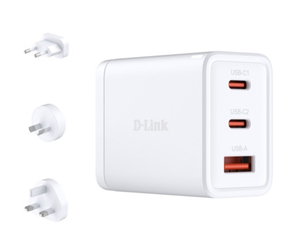 D-Link Cargador de Pared GaN de 65W - 2 USB-C y 1 USB-A - Conectores Intercambiables - Color Blanco