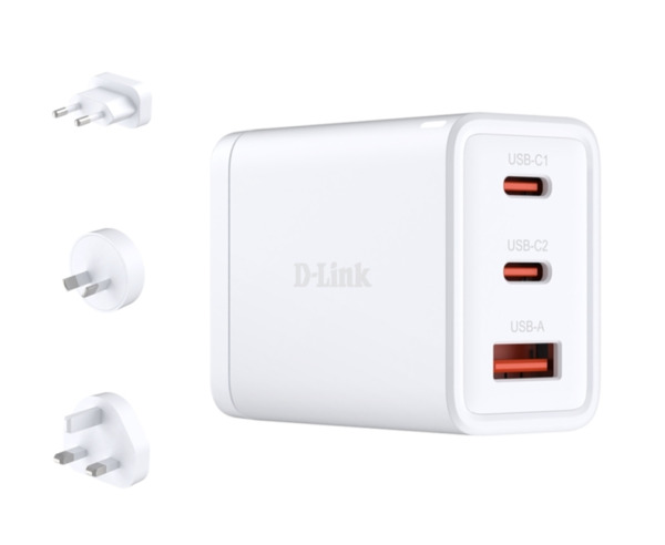 D-Link Cargador de Pared GaN de 65W - 2 USB-C y 1 USB-A - Conectores Intercambiables - Color Blanco