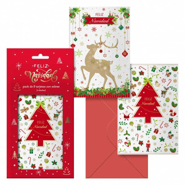 Dohe Caramelo Pack de 8 Tarjetas de Felicitacion Navideña con Sobre - 2 Modelos Distintos - Tamaño 12,2x23,5cm - Papel Offset