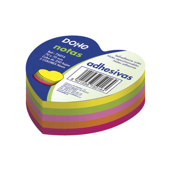 Dohe Cubo de 250 Notas Reposicionables con Forma de Corazon - Tamaño 70x70mm - Papel de 75gr - Ideal para Oficina y Escuela - C