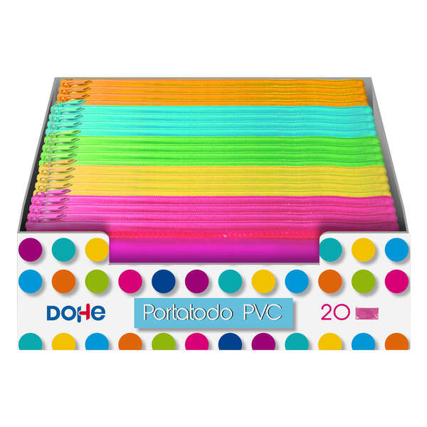 Dohe Expositor con 20 Portatodos Simples Planos - Fabricados en PVC de 280 Micras Transparente - Cierre de Cremallera - Colores