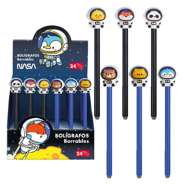 Dohe Expositor de 24 Boligrafos Borrables - Punta Bola Metalica 1mm - Trazo 0.5mm - Capuchon Decorado con Astronautas-Animales -