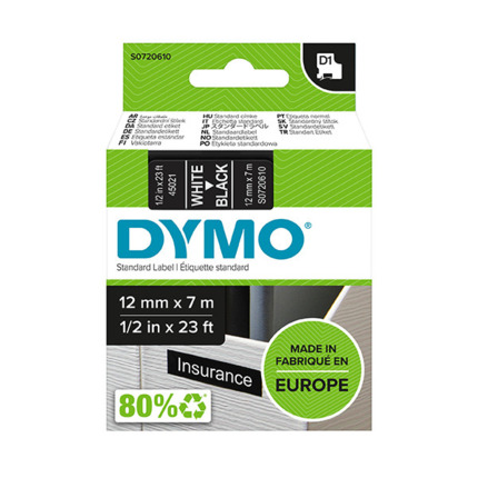 Dymo LM D1 45021 Cinta de Etiquetas Original para Rotuladora - Texto Blanco sobre Fondo Negro - Ancho 12mm x Largo 7m