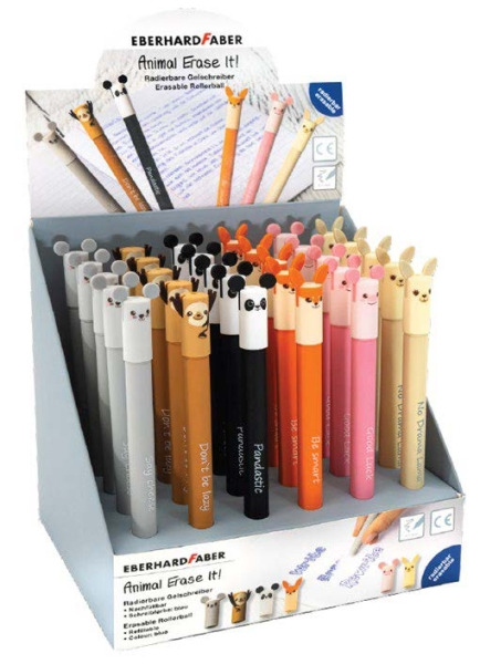 Eberhard Faber Animal Erase It! Expositor con 36 Boligrafos Borrables Tinta Gel Azul - Trazo 0.7mm - Capuchon con Formas de Anim