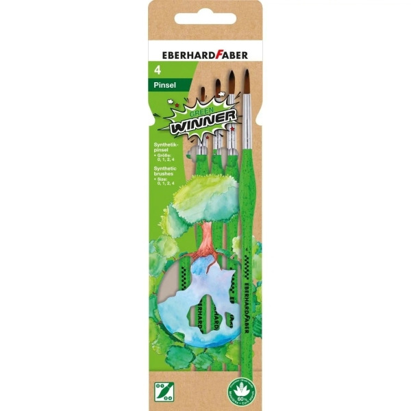 Eberhard Faber Green Winner Pack con 4 Pinceles de Pelo Sintetico TamaÃ±os 0, 1, 2, 4 - Agarre Ergonomico - Fabricados con un 60