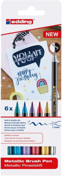 Edding 1340 Brush Pack de 6 Rotuladores - Punta Pincel Flexible - Trazo 1-3mm - Tinta con Base de Agua - Colores Oro, Rojo, Azul