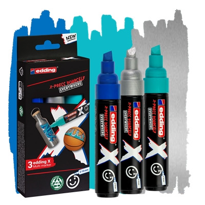 Edding X 6900 Oceano Pack de 3 Rotuladores Multisuperficie Permanentes de Tinta Opaca - Punta Biselada con Trazo 2-10mm - Color