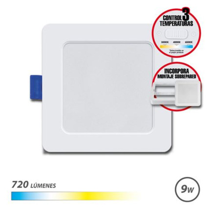 Elbat Downlight Cuadrado 9W - 720Lm - Selector 3 Temperaturas + Sobrepared - Color Blanco