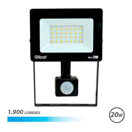 Elbat Foco LED con Sensor de Movimiento - Potencia: 20W - Lumenes: 1900 - Luz Fria 6.500K - Vida Util: 30.000 - 50.000 Horas - Angulo 120º - Proteccion IP44 - Distancia de Deteccion: 5 a 12 Metros
