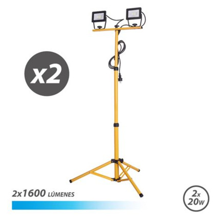 Elbat Foco LED con Tripode 2 x 20W - 1600 Lumenes - 6500K Luz Fria - Cable de 3m - IP65 para Uso en Exterior