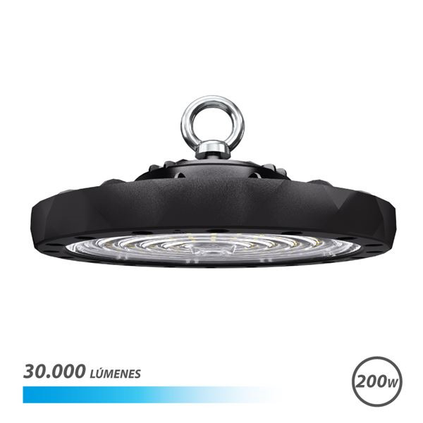 Elbat Lampara LED UFO de Techo - Potencia: 200W - Lumenes: 30000 - Luz Fria: 6500K - Ac 100-240V - Diametro: 32,8cm - Angulo aju
