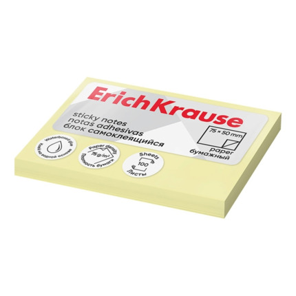 ErichKrause Bloc de 100 Notas Adhesivas 50x75mm - Removibles - Color Amarillo Claro