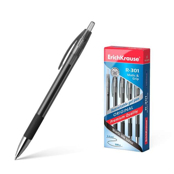 Erichkrause Boligrafo de Gel Automatico R-301 Original Gel Matic&Grip - Tinta de Gel de Secado Rapido - Cuerpo Transparente con