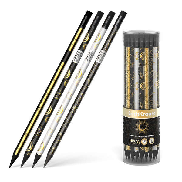 Erichkrause Magic Sky Lapiz de Grafito Triangular HB - Goma de Borrar - Madera Negra - Cuatro Diseños Diferentes