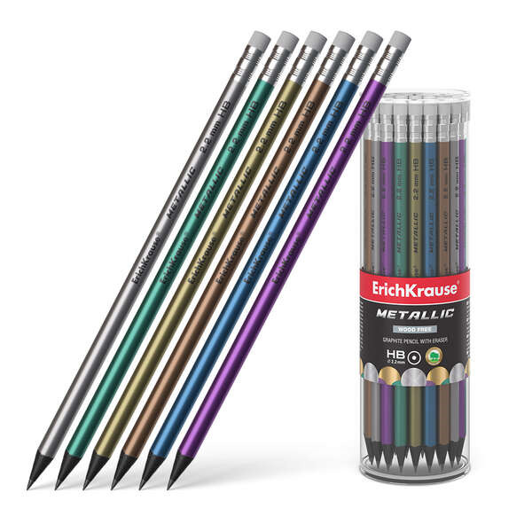 Erichkrause Metallic Lapiz de Grafito HB con Goma de Borrar - Cuerpo Redondo de Plastico - Colores Surtidos
