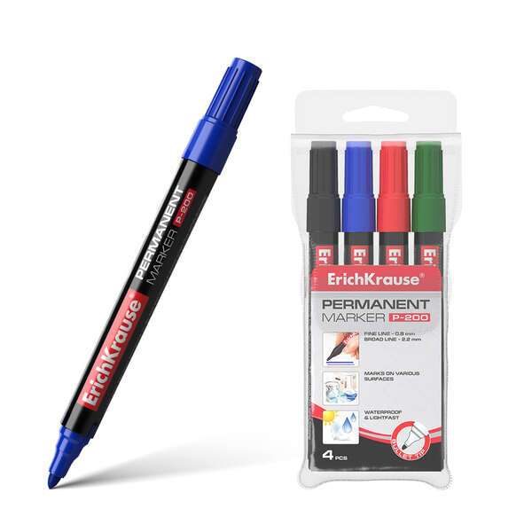 Erichkrause Pack de 4 Marcadores Permanente P-200 - Punta en Forma de Bala - Resistente al DaÃ±o y La Abrasion - Ancho de Escrit