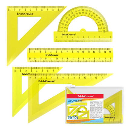 Erichkrause Pack de 5 Reglas de Dibujo - Regla de 15cm - Escuadra de 7cm/45Âº, 9cm/45Âº, 13cm/60Âº - Transportador de 180Âº/10cm - Color Amarillo