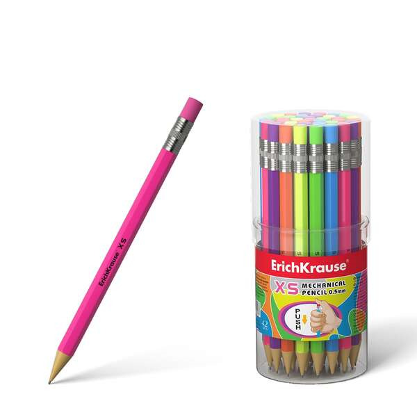Erichkrause Portaminas Xs 05 mm - Mini-Lapiz Mecanico Hexagonal - Carcasa y Borrador en Colores Neon Brillantes - Dureza HB - Mi