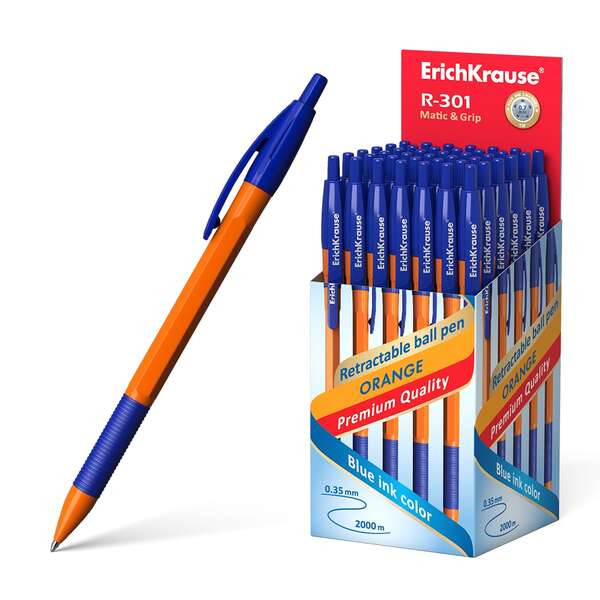 Erichkrause R-301 Naranja Matic&Grip Boligrafo Retractil - Punta de 07mm - Trazo de 0.35mm - Grip de Goma - Tinta de Secado Rapi