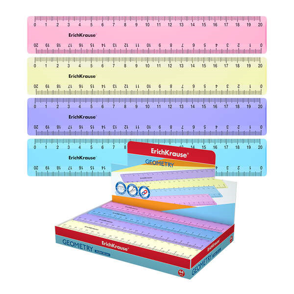 Erichkrause Regla de Plastico 20cm - Escala a Doble Cara - Colores Rosa, Azul, Violeta y Amarillo Pastel
