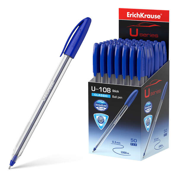Erichkrause U-108 Boligrafo Clasico - Punta de Bola 1.0mm - Trazo de 0.3mm - Tapa Ventilada - Ultra Glide Technology - Color Azu