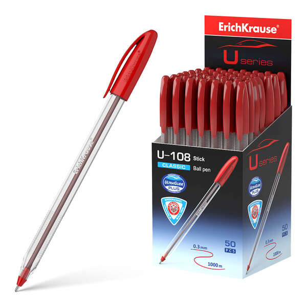 Erichkrause U-108 Boligrafo Clasico - Punta de Bola 1.0mm - Trazo de 0.3mm - Tapa Ventilada - Ultra Glide Technology - Color Roj