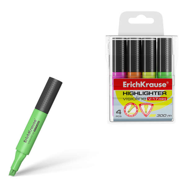 Erichkrause Visioline V-17 Mini Pack de 4 Marcadores Fluorescentes - Punta Biselada 0.6-4.5mm - Colores Surtidos Amarillo, Verde